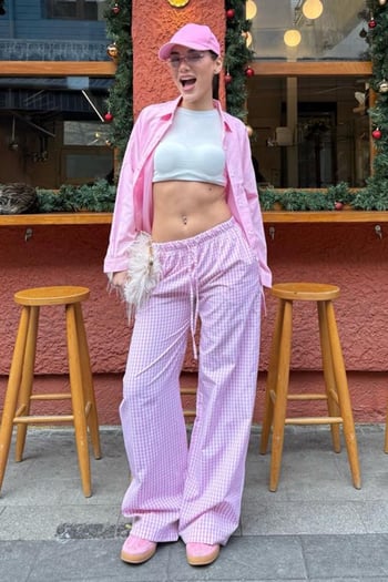 Pembe Beli Ayarlanabilir Ekoseli Bol Paça Kadın Pantolon Mg2335
