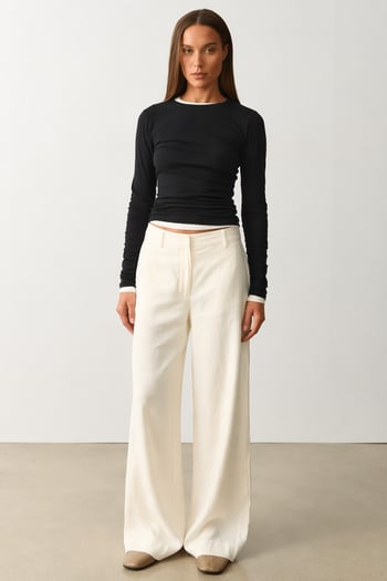 Ekru Yüksek Bel Keten Wide Leg Pantolon MG2718
