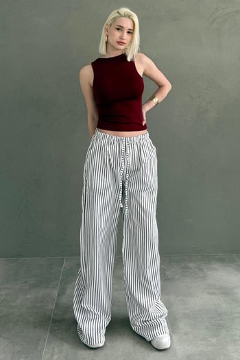 Beyaz Beli Ayarlanabilir Çizgili Cepli Bol Paça Kadın Pantolon Mg2312