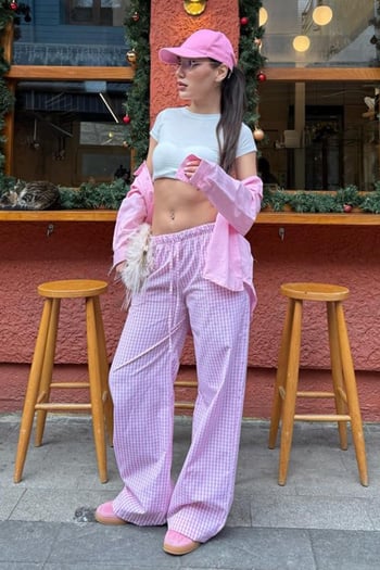 Pembe Beli Ayarlanabilir Ekoseli Bol Paça Kadın Pantolon Mg2335