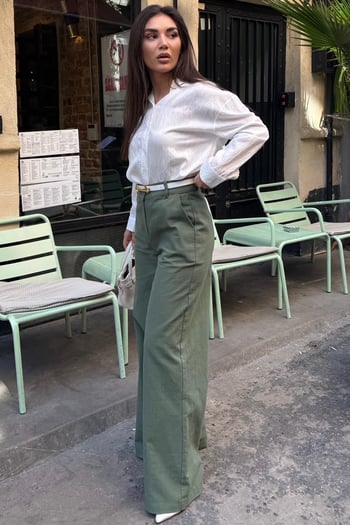 Haki Yüksek Bel Keten Wide Leg Pantolon MG2718