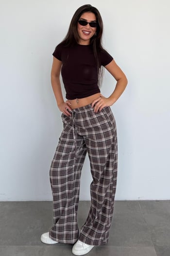 Acı Kahverengi Lastikli Bel Geniş Paça Ekose Pantolon MG2658