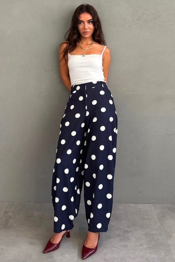 Lacivert Puantiyeli Beli Lastikli Balon Kadın Pantolon MG2886