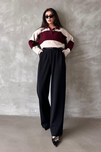 Siyah Çift Pileli Kemerli Pantolon Mg2330