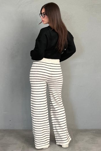 Ekru Çizgili Triko Kadın Pantolon MG2609