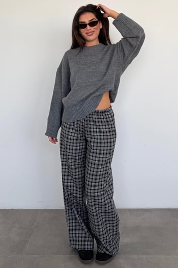 Gri Lastikli Bel Geniş Paça Ekose Pantolon MG2658