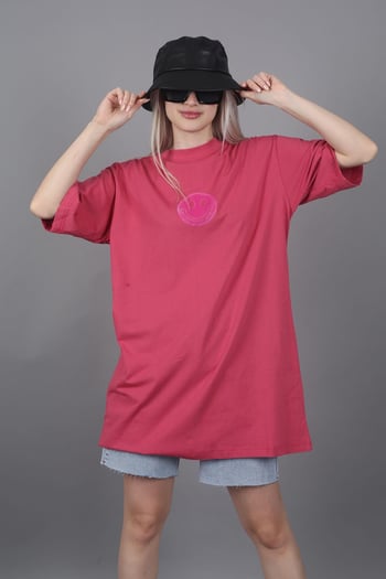 Pembe Baskılı Oversize Bisiklet Yaka Kadın Tişört