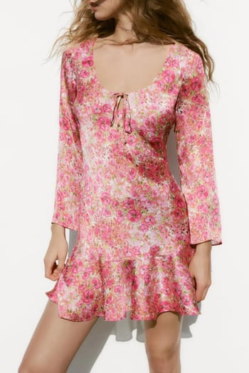 Pembe Çicek Desenli Elbise MG1835