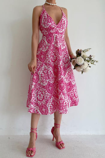 Pembe Desenli Dekolteli Midi Boy Elbise MG1537