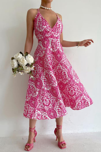 Pembe Desenli Dekolteli Midi Boy Elbise MG1537