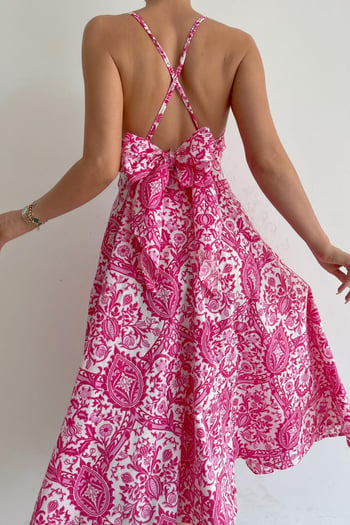 Pembe Desenli Dekolteli Midi Boy Elbise MG1537