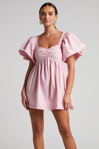 Pembe Kalp Yaka Balon Kol Kadın Elbise MG1620