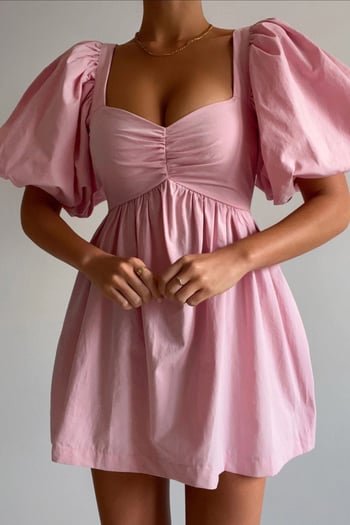Pembe Kalp Yaka Balon Kol Kadın Elbise MG1620