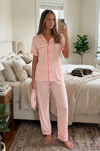 Pembe Desenli Düğmeli Soft Kadın Pijama Takımı MG2827