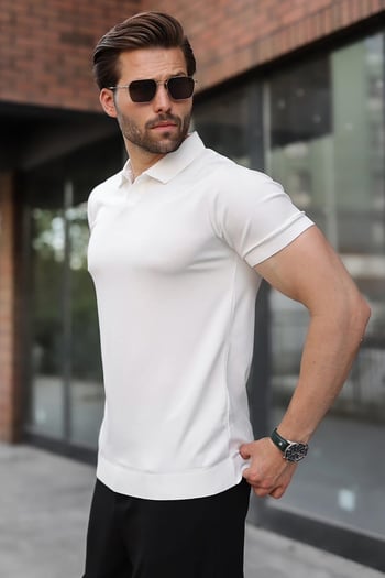 Beyaz Regular Fit Polo Yaka Triko Erkek Tişört E7502