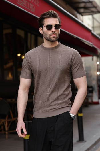 Açık Kahverengi Bisiklet Yaka Slim Fit Triko Erkek Tişört E7466