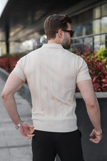 Taş Rengi Slim Fit Polo Yaka Triko Erkek Tişört E7491