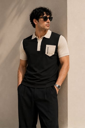 Madmext Men Knitted Front Pocket Black Polo T-shirt 5246