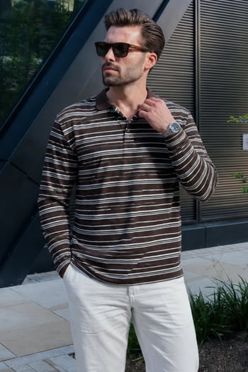Kahverengi Regular Fit Çizgili Polo Yaka Erkek Tişört E7192
