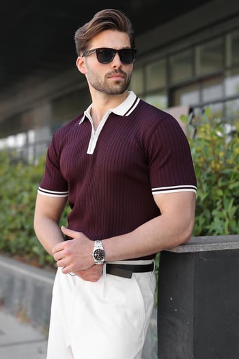 Mürdüm Yarım Fermuarlı Polo Yaka Triko Erkek Tişört E7501
