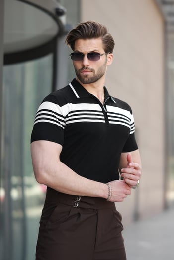 Siyah Fermuarlı Polo Yaka Erkek Triko T-shirt E7407