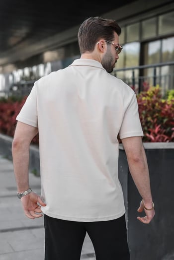 Açık Gri Yarım Fermuar Detaylı Polo Yaka Erkek Tişört E7184