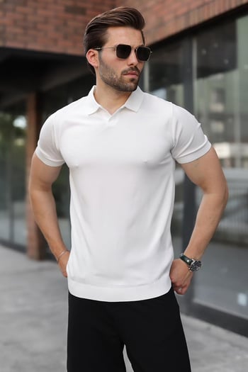 Beyaz Regular Fit Polo Yaka Triko Erkek Tişört E7502