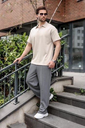 Taş Rengi Polo Yaka Oversize Erkek Tişört E7185