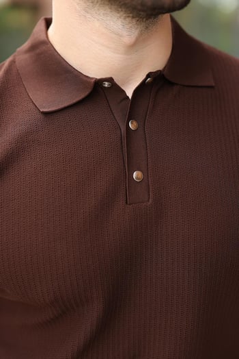 Kahverengi Çıt Kapamalı Polo Yaka Triko Erkek Tişört E7493