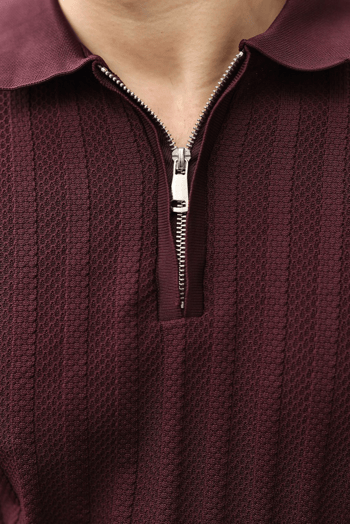 Bordo Yarım Fermuarlı Polo Yaka Erkek Triko Tişört E7458
