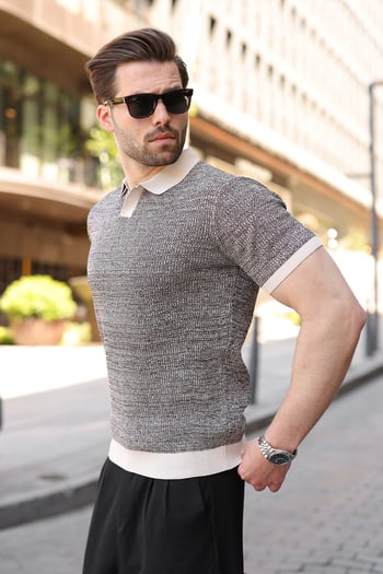 Taş Rengi Polo Yaka Regular Fit Erkek Triko Tişört E7496