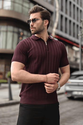 Bordo Yarım Fermuarlı Polo Yaka Erkek Triko Tişört E7458