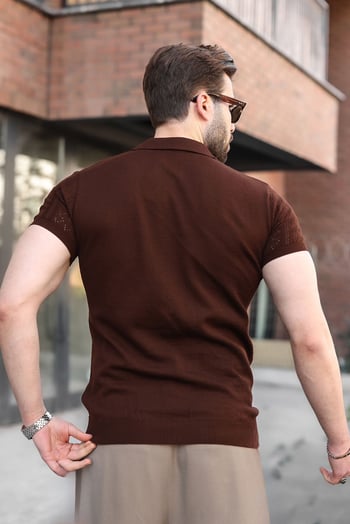 Kahverengi Delikli Polo Yaka Erkek Triko Tişört E7495