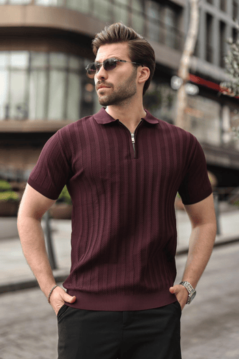 Bordo Yarım Fermuarlı Polo Yaka Erkek Triko Tişört E7458