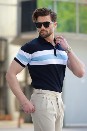 Lacivert Fernuarlı Polo Yaka Çizgili Erkek Tişört E7406