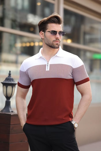 Kiremit Renk Bloklu Polo Yaka Triko Erkek T-shirt E7409