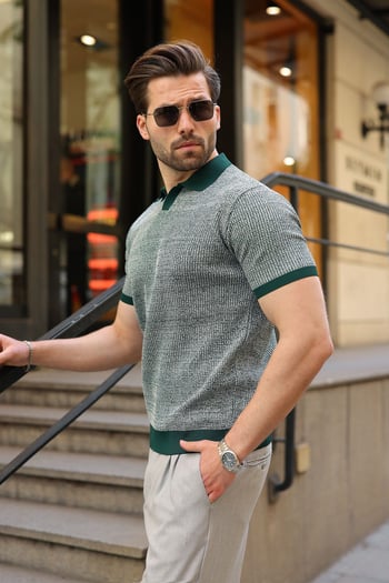 Nefti Yeşili Polo Yaka Regular Fit Erkek Triko Tişört E7496
