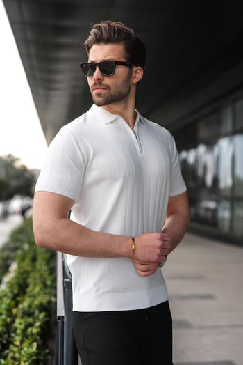 Madmext Beyaz Polo Yaka Fermuarlı Erkek T-shirt E7298