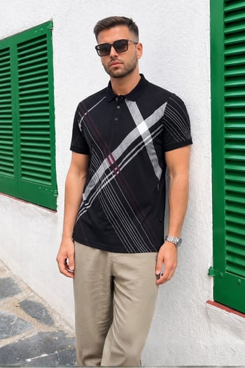 Siyah Desenli Polo Yaka Erkek Tişört 6079