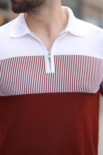 Kiremit Renk Bloklu Polo Yaka Triko Erkek T-shirt E7409
