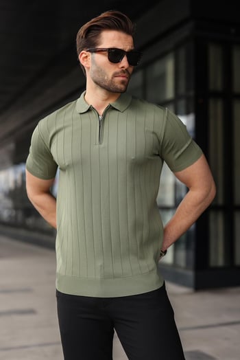Madmext Haki Polo Yaka Fermuarlı Erkek T-shirt E7298