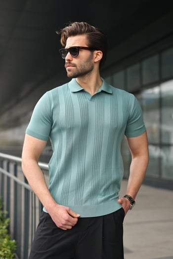 Su Yeşili Polo Yaka Triko Erkek Tişört E7469