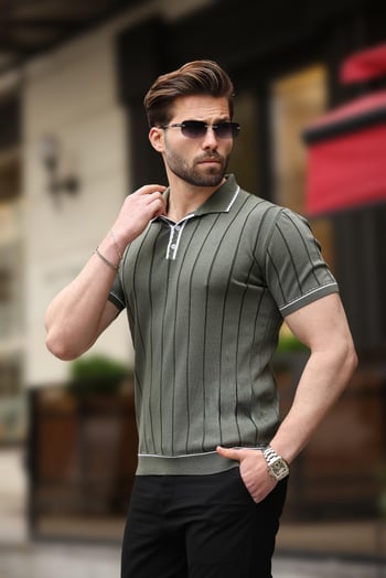 Haki  Desenli Düğmeli Polo Yaka Erkek Tişört E7408