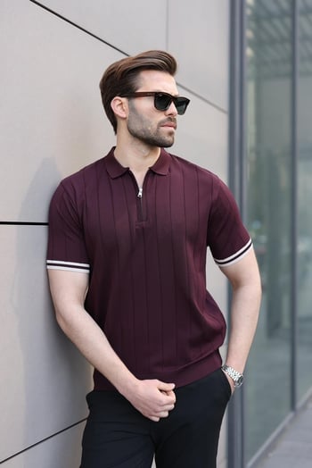 Madmext Erkek Mürdüm Polo Yaka Fermuarlı Tişört 6876