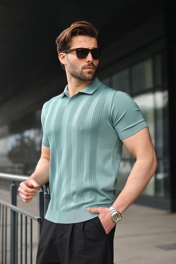Su Yeşili Polo Yaka Triko Erkek Tişört E7469