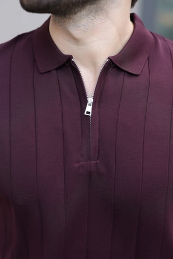 Madmext Erkek Mürdüm Polo Yaka Fermuarlı Tişört 6876