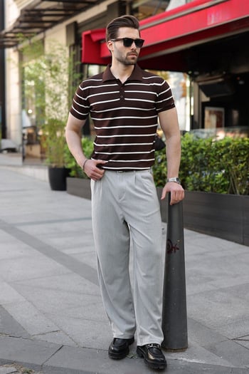 Acı Kahverengi Çizgili Polo Yaka Triko Erkek T-shirt E7405