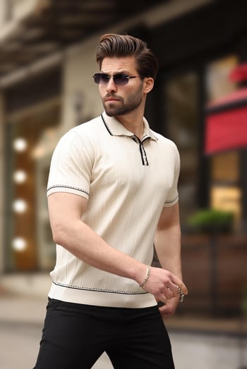Bej Desenli Düğmeli Polo Yaka Erkek Tişört E7408