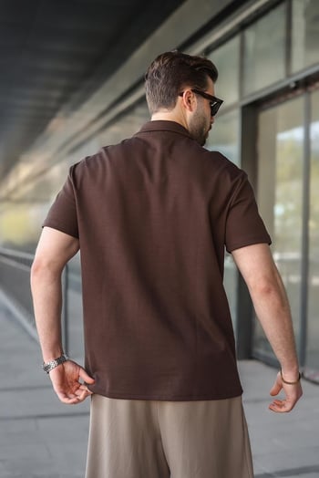 Acı Kahverengi Yarım Fermuar Detaylı Polo Yaka Erkek Tişört E7184
