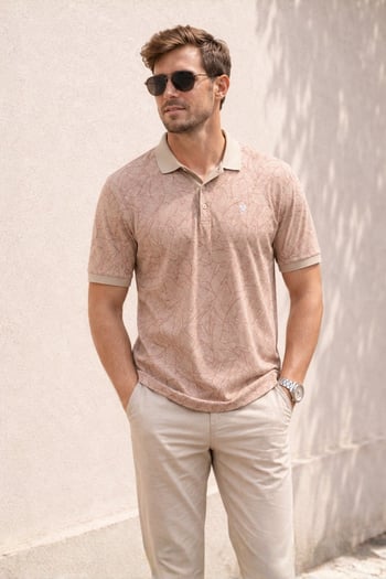 Bej Desenli Polo Yaka Tişört 5876